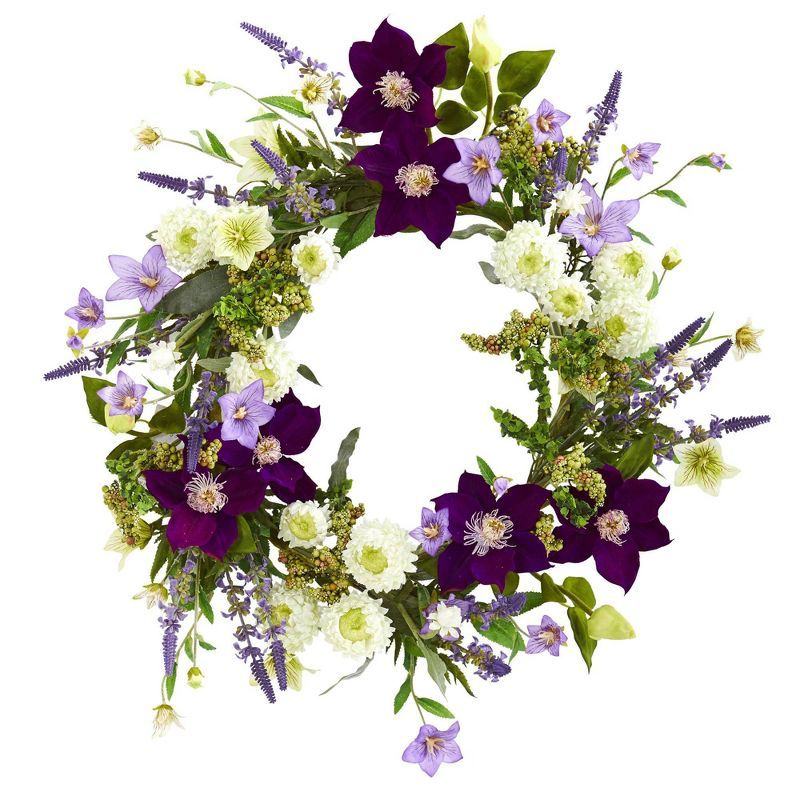 22" Artificial Mixed Flower Wreath Purple/White - Nearly Natural | Target