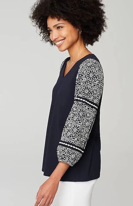 Mixed-Media Embroidered-Sleeve Top | J. Jill