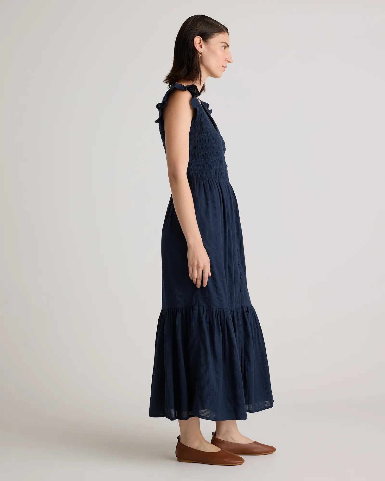 Organic Textured Cotton Smocked V-neck Midi Dress in Navy | Quince