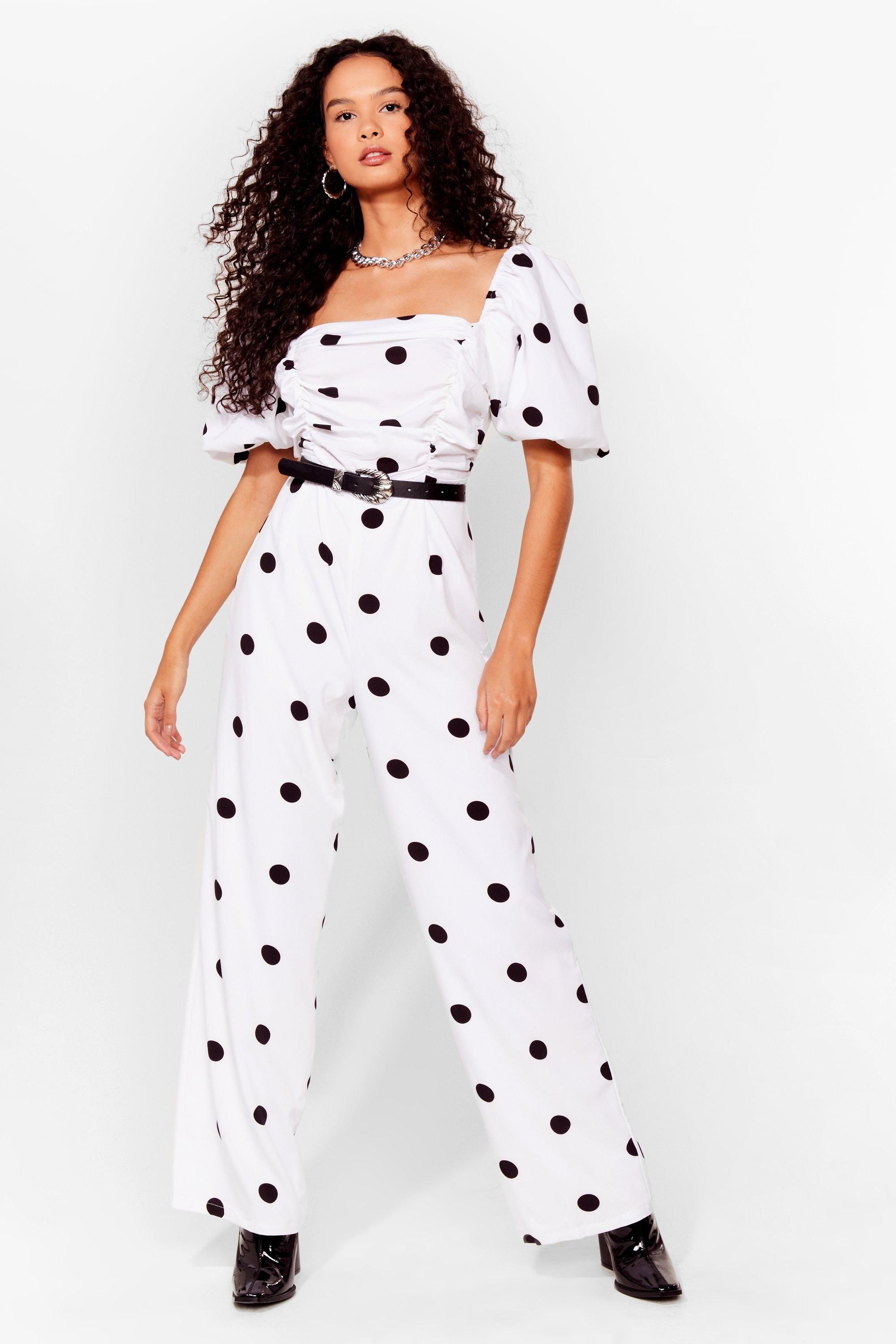polka dot ruched front puff sleeve jumpsuit | NastyGal (US & CA)
