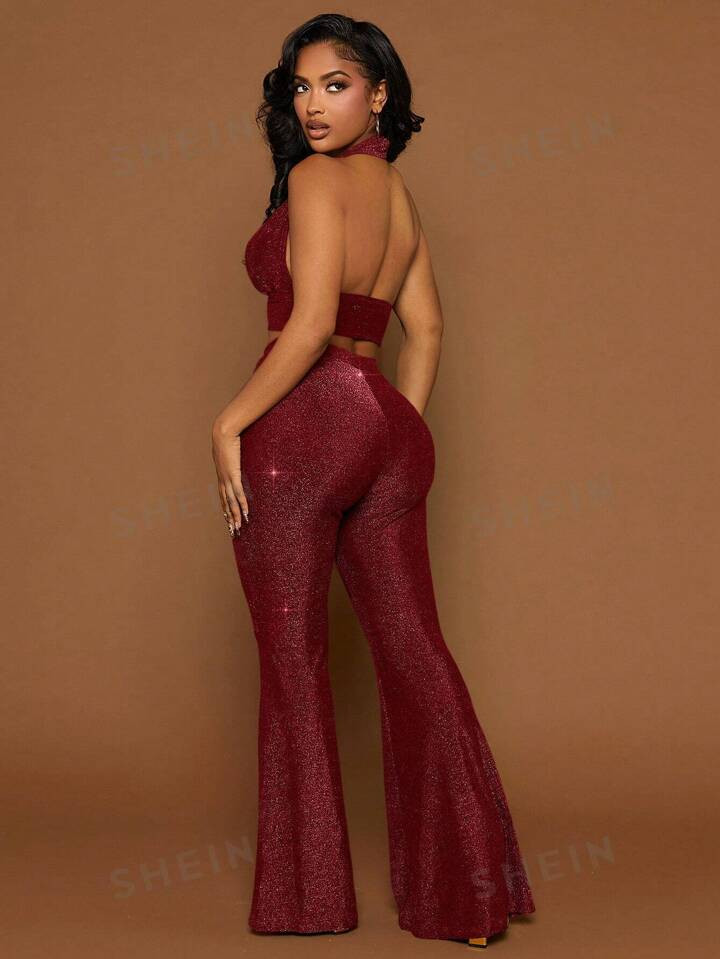 SHEIN SXY Glitter Crop Halter Top & Flare Leg Pants | SHEIN