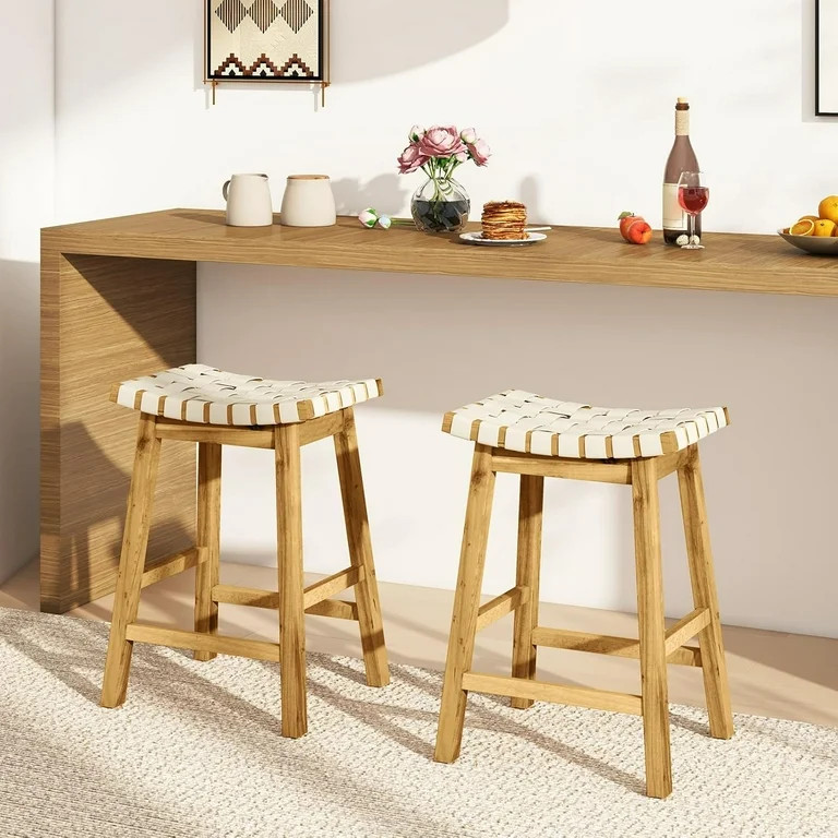 SSyao Woven Saddle Stools Vintage Counter Height Chairs with PU Leather Woven Seat & Solid Wood L... | Walmart (US)