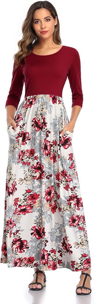 DUNEA Women's Maxi Dress Floral Printed Autumn 3/4 Sleeve Casual Tunic Long Maxi Dress | Amazon (US)