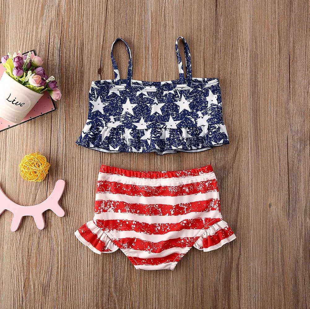 4th of July Toddler Baby Girls Halter Swimsuit American Flag Tank Tops + Stripe Shorts Two Pieces Bi | Amazon (US)