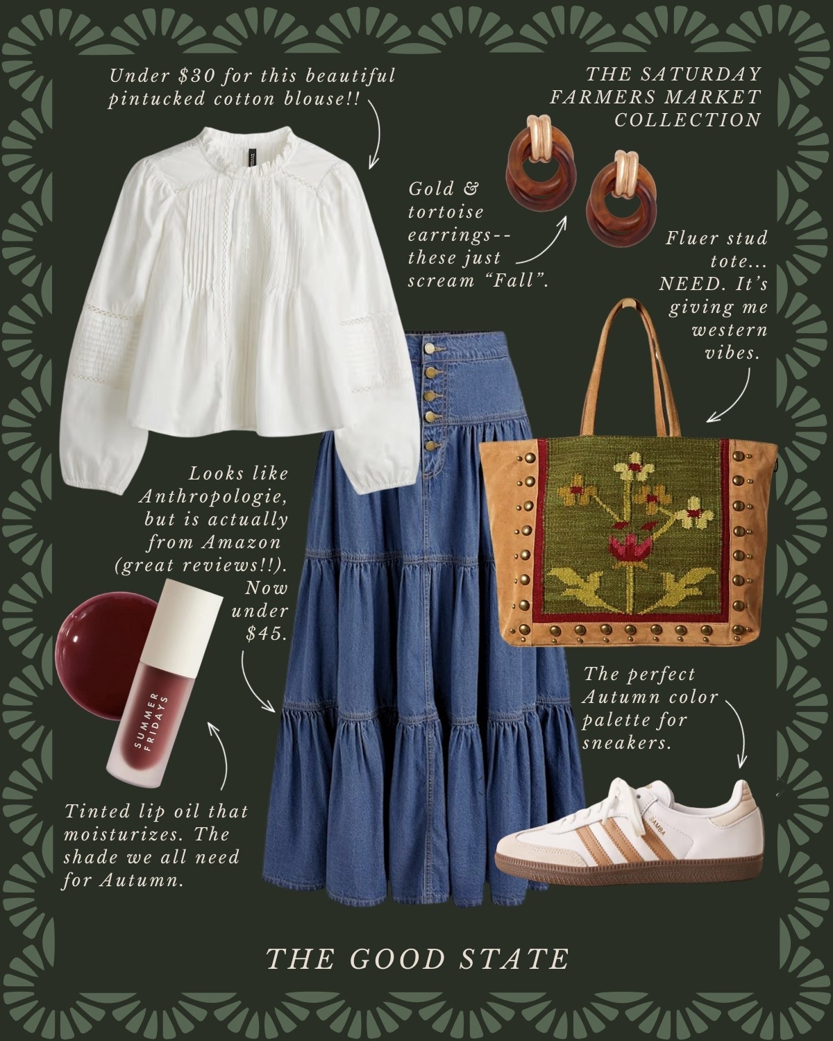 The Saturday Farmers Market: Fall Edition 🌻Save up to 77%.
For all the Farmers Market girlies living their best life in the sunshine with a pastry and coffee in hand while carrying a tote of fresh produce on their shoulder. For the ones who love a pop of color, all things gingham and a scarf in their hair or around their neck.

Anthropologie , Anthro, Amazon, Quince, mini dress, maxi dress denim jacket, chore coat, earring, socks, beauty, sunglasses, spring outfit, spring fashion, tote bag, purse, woven purse, spring break, bandanna, scarf, quilted jacket, the good state, Lauren England, gola sneakers, clutch vacation outfit, hoop, earrings, American Eagle, target target fashion, target style sneakers, veja, mini dress, floral dress, wedding guest, dress, tuckernuck, vacation, outfit, ootd, summer outfit, summer fashion, outfit ideas, New England, nordstrom, summer sweater #ltkstyletip #ltkunder50 #amazonfashion #founditonamazon #ltksalealert #slowliving #romantizeyourlife #fall #fallstyle #fallseason #autumn #90sera #90style #90saesthetic #ralphlauren #equestrian #horserider #americana #fallfashion #falloutfit #preppyfashion #ivyleague #marthastewart 

#LTKFindsUnder50 #LTKStyleTip #LTKSaleAlert