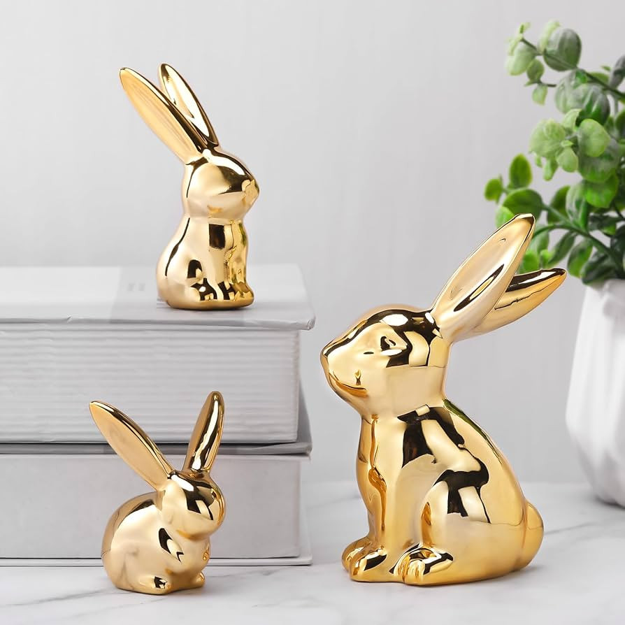 Wesiti 3 Pcs Easter Decoration Golden Bunny Figurines Set 4.5'', 3'', 2.36 Ceramic Easter Rabbit ... | Amazon (US)