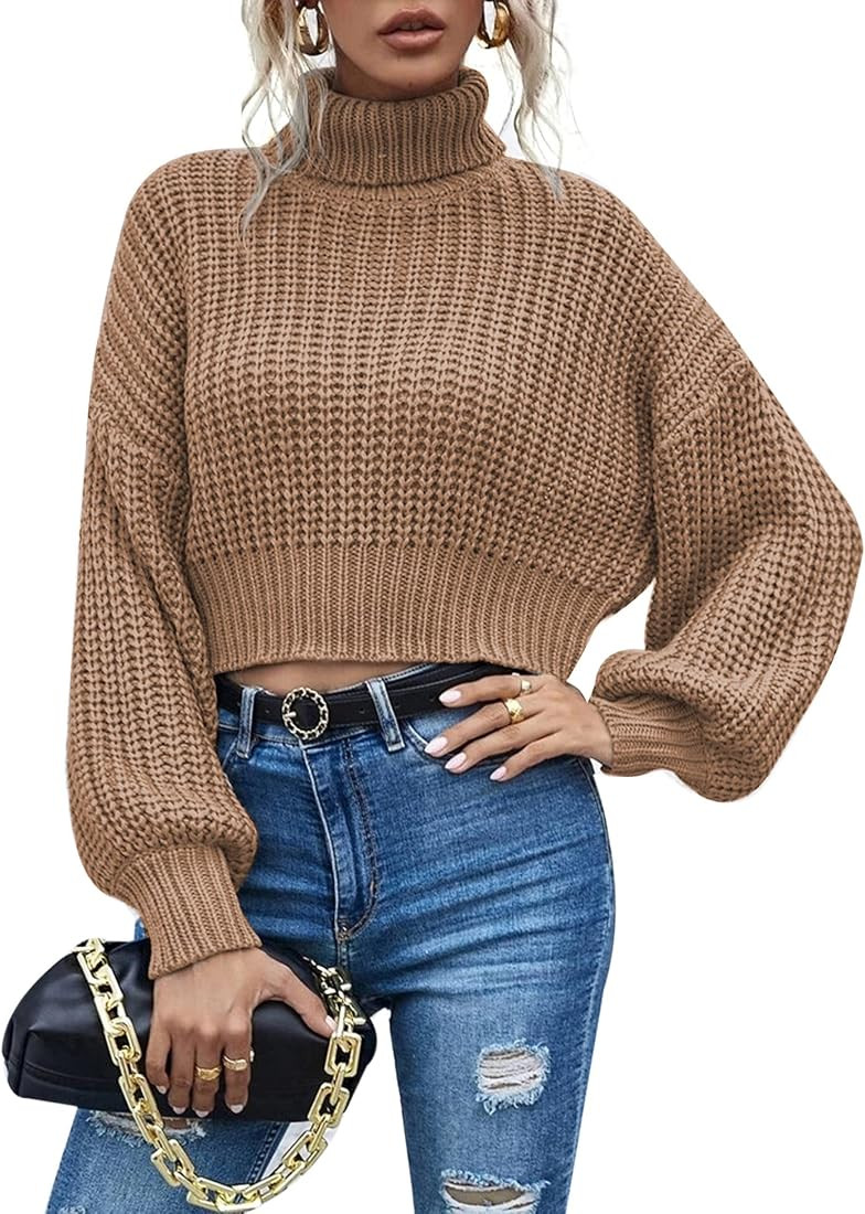 Chigant Women's Turtleneck Knit Sweaters Casual Lantern Long Sleeve Pullover Cropped Cute Jumper ... | Amazon (US)