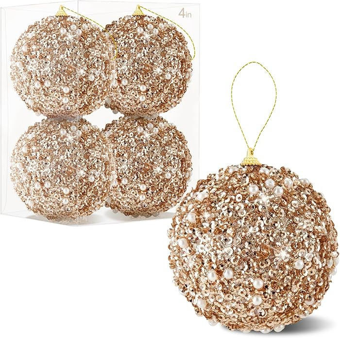 4 Pcs 4 Inch Christmas Ball Ornaments Glitter Sequin Ball Large Champagne Christmas Tree Decorati... | Amazon (US)