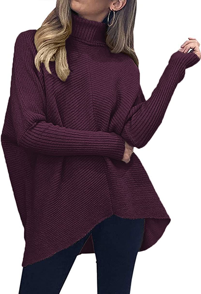 ANRABESS Womens Turtleneck Long Batwing Sleeve Asymmetric Hem Casual Pullover Sweater Knit Tops | Amazon (US)