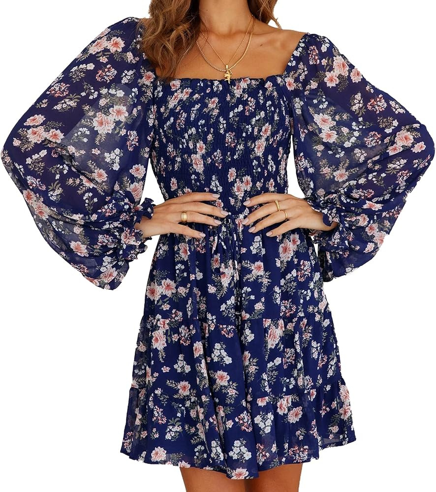 Women Square Neck Smocked Floral Long Sleeve Swing Mini Dress | Amazon (US)