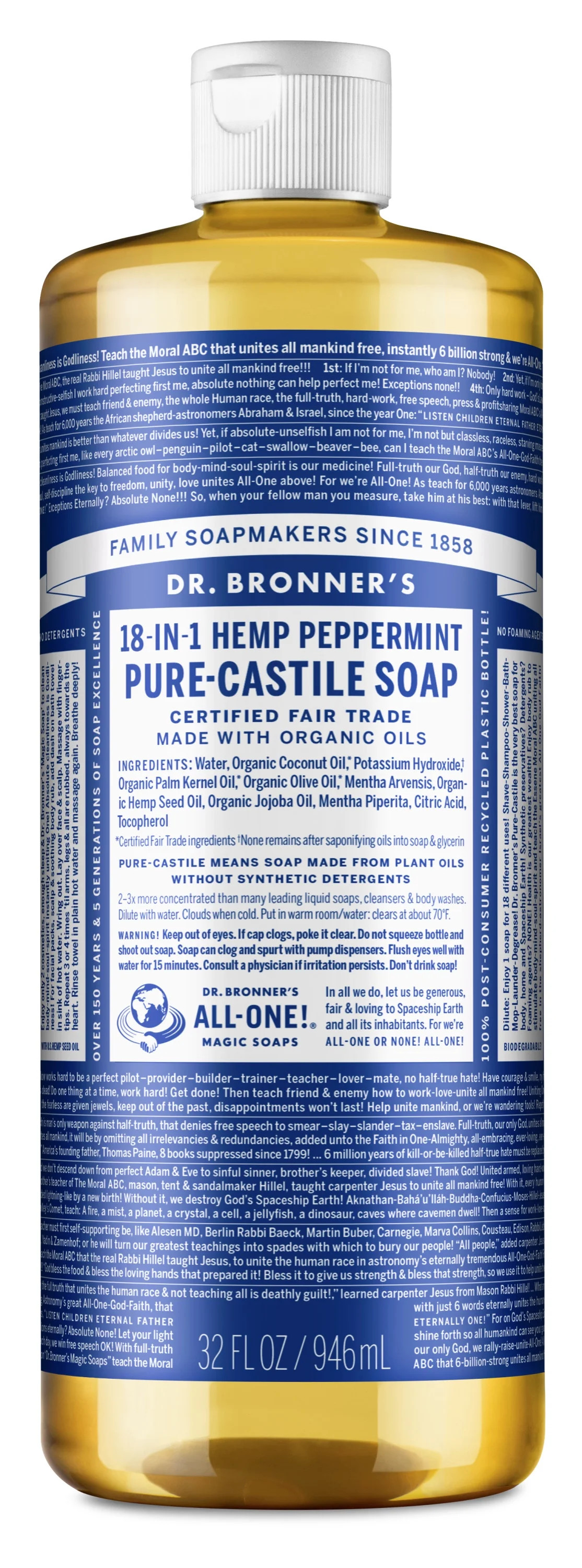 Dr. Bronner's Pure-Castile Liquid Soap – Peppermint – 32 oz - Walmart.com | Walmart (US)