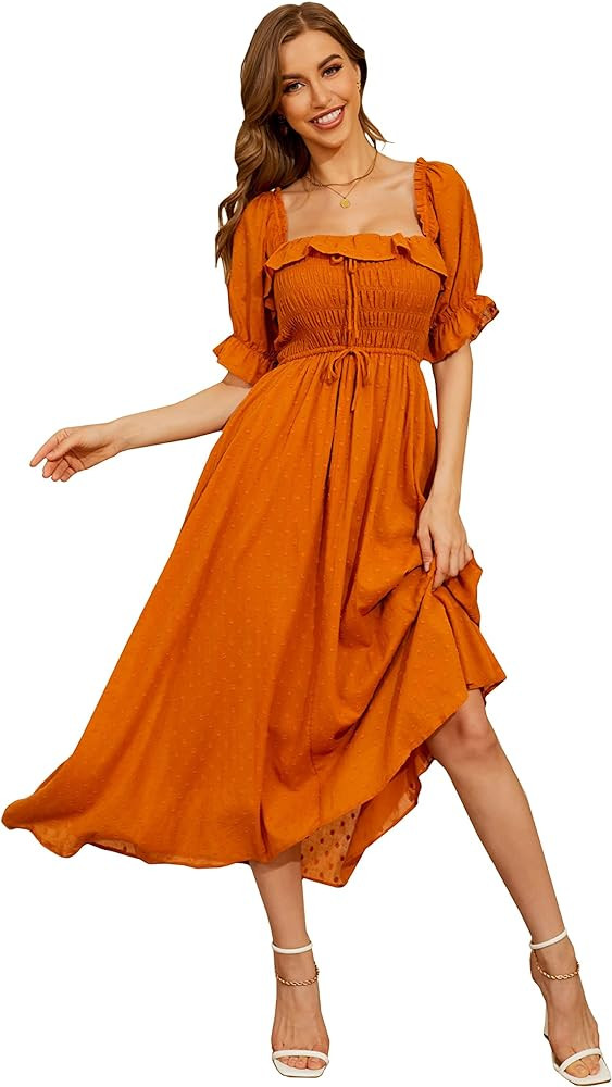 R.YIposha Women Vintage Elastic Square Neck Ruffled Half Sleeve Summer Backless Beach Flowy Maxi ... | Amazon (US)