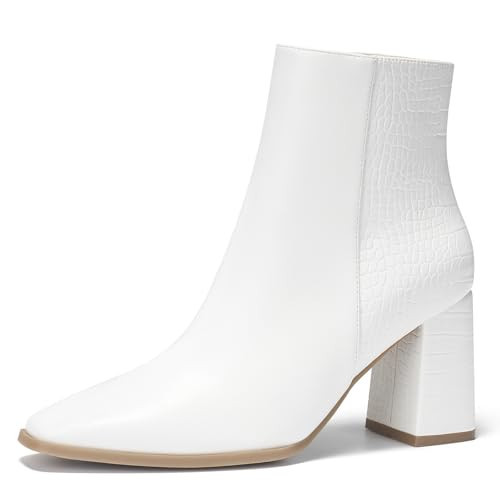 ALICEPUB White Ankle Boots for Women White Chunky Heels Booties Short Booties Crocodile Boots Fall Short Booties Dress Booties Square Toe Booties with Side Zipper, Size 9 | Amazon (US)