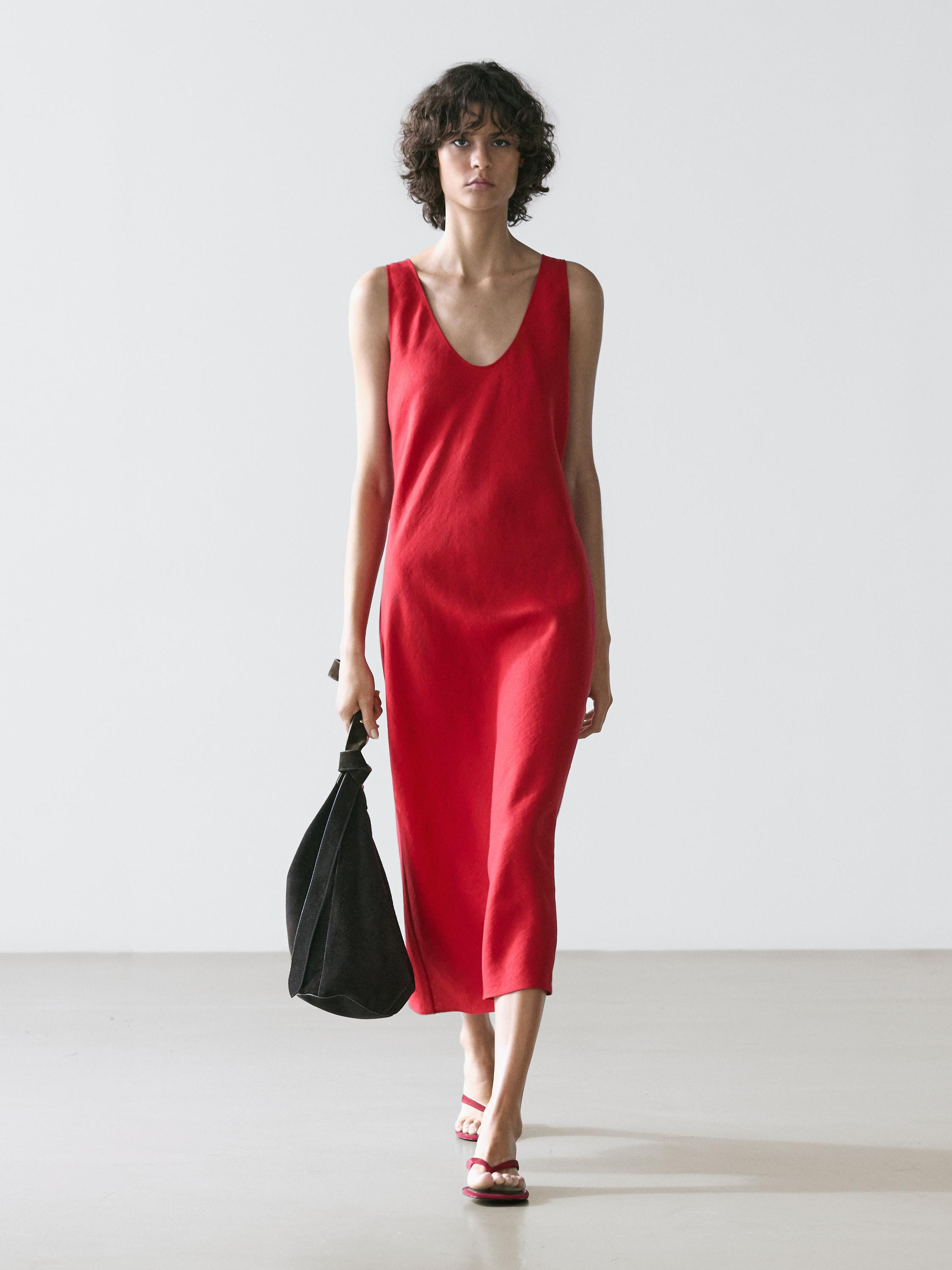 100% linen strappy midi dress | Massimo Dutti US