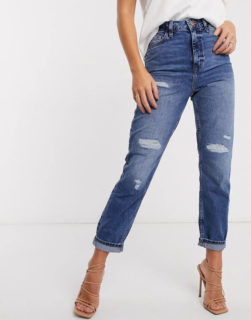 River Island Carrie ripped high rise mom jeans in mid auth blue | ASOS (Global)