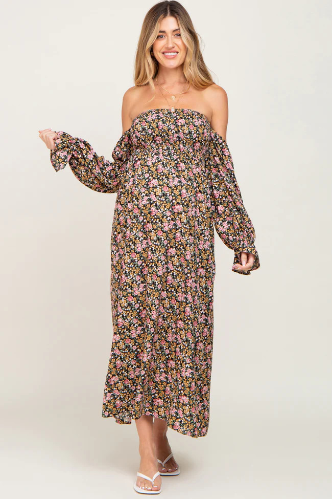 Black Floral Off Shoulder Long Sleeve Maternity Maxi Dress | PinkBlush Maternity