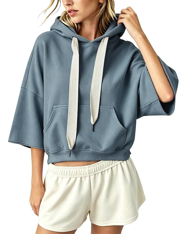 Megfie Womens Cropped Three Quarter Sleeve Hoodie Contrast Drawcord | Amazon (US)