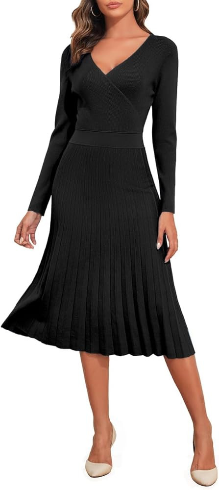 PrettyGuide Women's Wrap Sweater Dress V Neck Long Sleeve Pleated A Line Knit Midi Dresses | Amazon (US)
