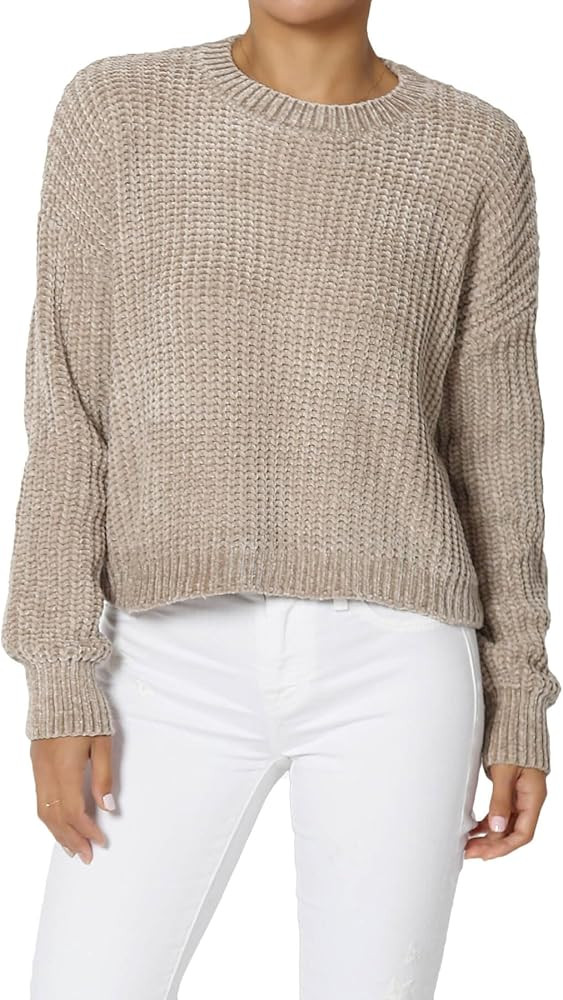 TheMogan Women's Soft Rib Chenille Round Neck Long Sleeve Crop Sweater Cozy Knit Slouchy Pullover... | Amazon (US)