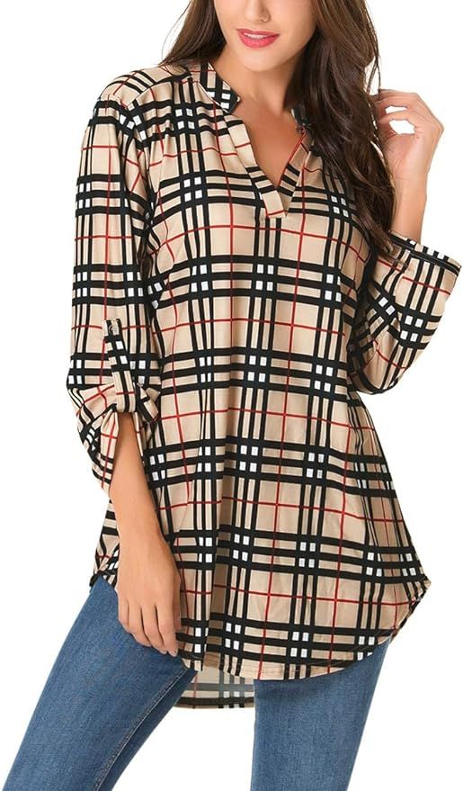 St. Jubileens Women Roll-Up 3/4 Sleeve Plaid Shirt Tunic V Neck Casual Pullover Blouses Tops | Amazon (US)