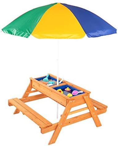 JOYMOR 3 in 1 Kids Picnic Table with Umbrella and 2 Play Boxes, Sand & Water Table with Removable... | Amazon (US)
