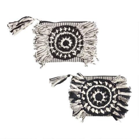 Black and White Upcycled Fabric Silaiwali Zip Pouch | World Market