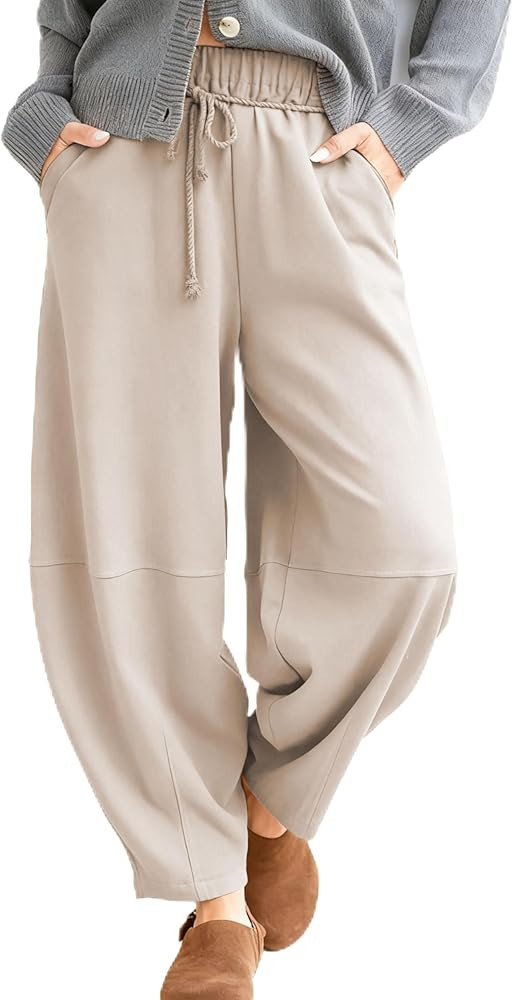 SeekMe Women's Barrel Leg Pants Drawstring Elastic Waist Palazzo Sweatpants Lounge Cotton Boho Tr... | Amazon (US)