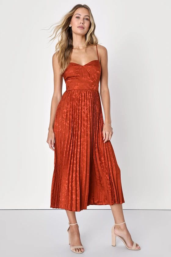 Regal Romance Rust Floral Jacquard Pleated Satin Midi Dress | Lulus (US)