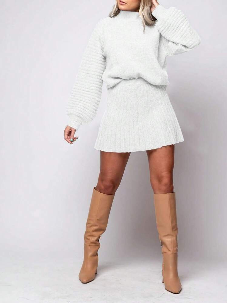 Womens 2 Piece Outfits Long Sleeve Mock Neck Ribbed Sweater And Mini Skirt Set 2025 | SHEIN