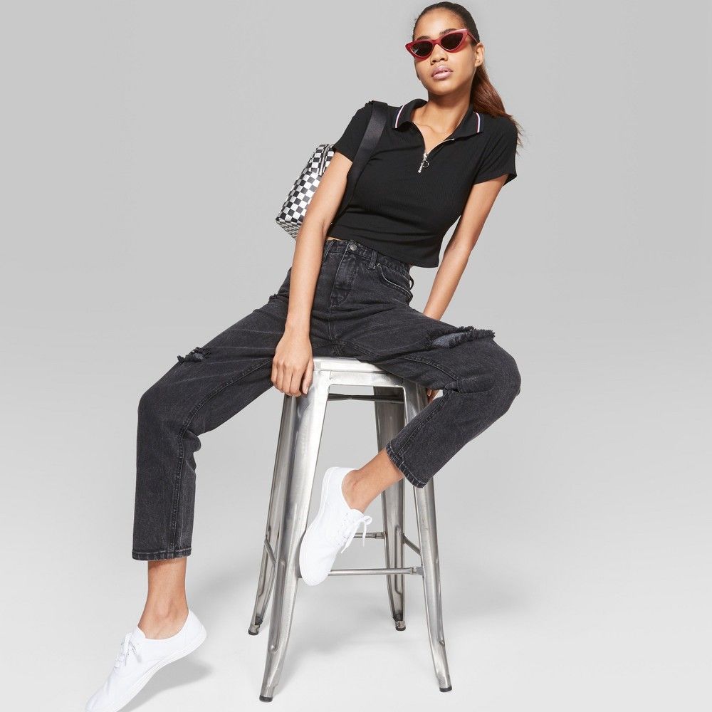 Women's High-Rise Destructed Mom Jeans - Wild Fable Black Wash 16 | Target