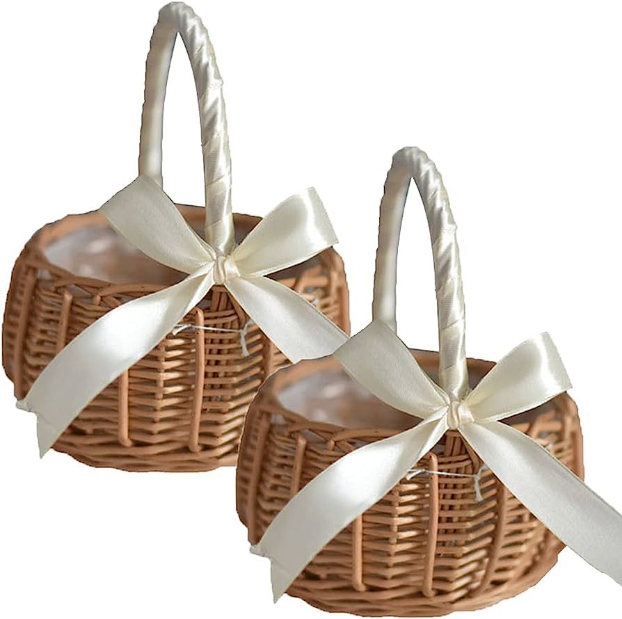 ASSR 2PCS Wedding Flower Girl Basket Set,Wicker Rattan Flower Basket with Handle,Petal Basket Can... | Amazon (US)