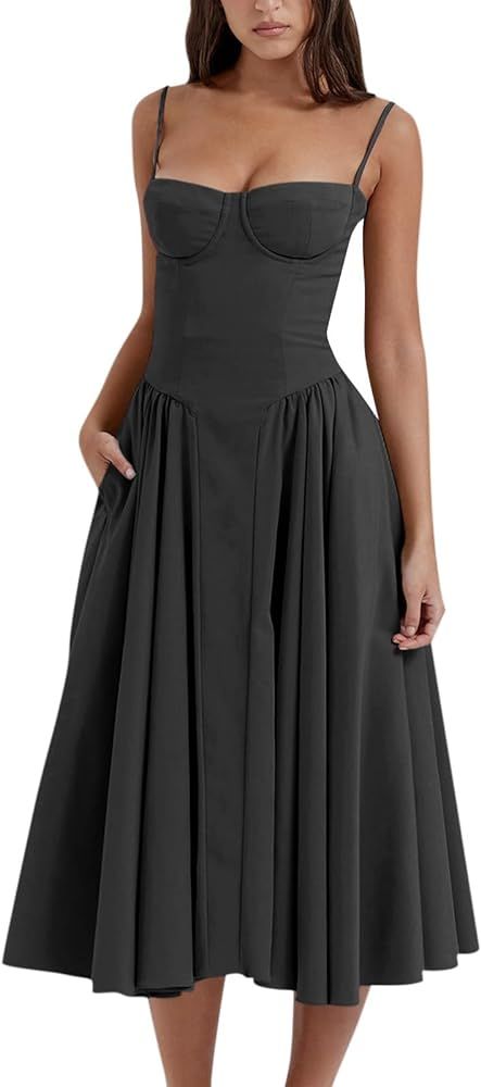 midelxp Womens Corset Dress Elegant Spaghetti Strap Bustier Midi Dress Low Cut Flowy Pleated Hem ... | Amazon (US)