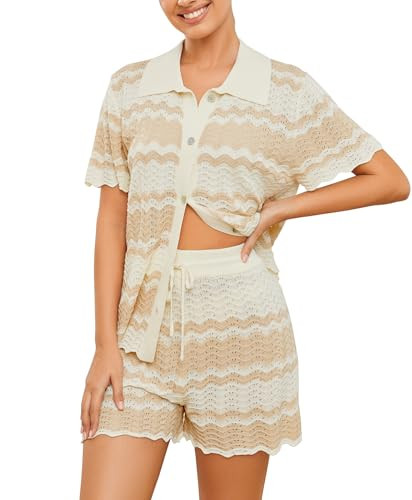 Moreone 2 Piece Lounge Set Women Short Sleeve Striped Crochet Knit Sets Two Piece Button Up Pajamas with Drawstring Shorts Matching Set Camel L | Amazon (US)