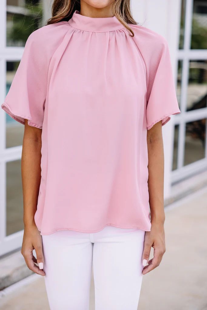 Tell Your Truth Blush Pink Mock Neck Blouse | The Mint Julep Boutique