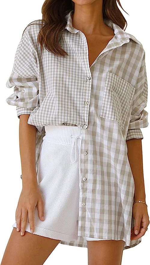 Ayturbo Womens Long Sleeve Lightweight Plaid Shirts Oversized Button Down Shirts Casual Shacket B... | Amazon (US)
