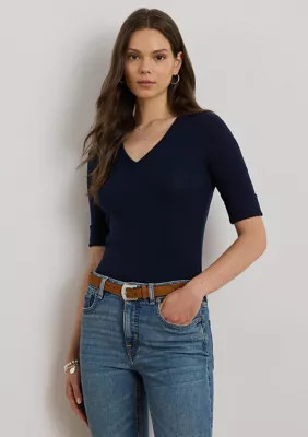 Lauren Ralph Lauren Women's Stretch Cotton Elbow-Sleeve V-Neck T-Shirt, Small | Belk