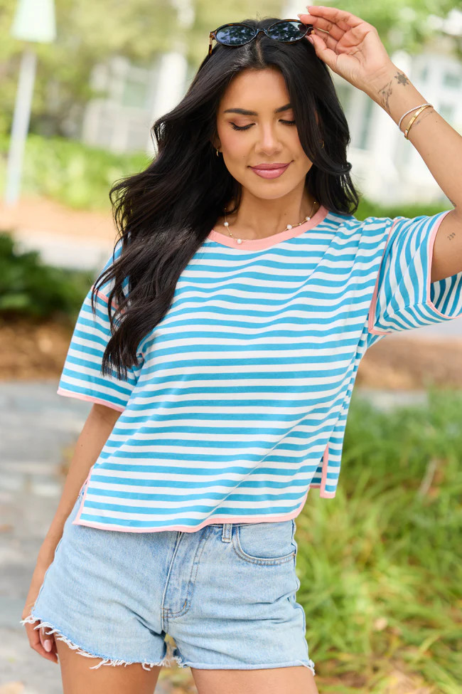 Maya Aqua and White Stripe Striped Tee | Pink Lily