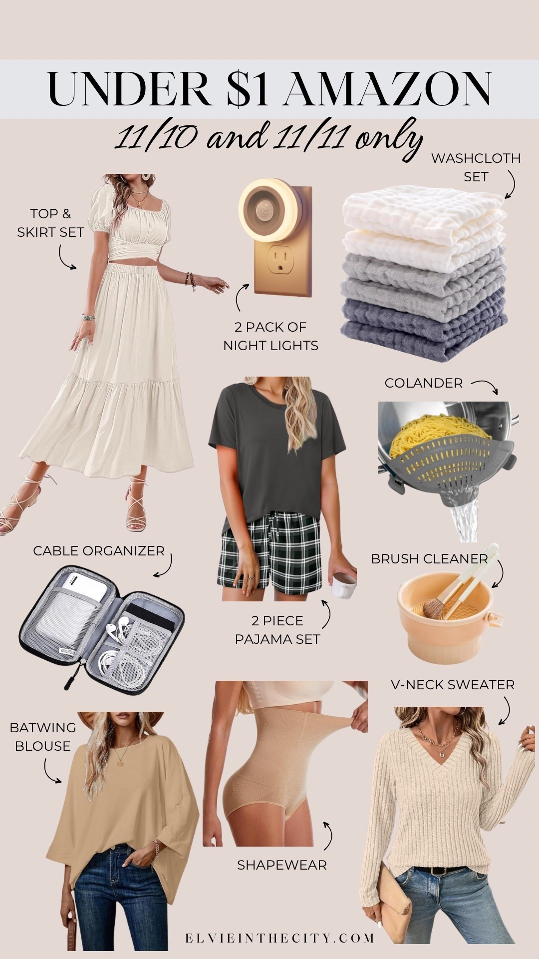 Amazon under $1!!! November 11-12, get these for less than $1, including a two-piece top and skirt set, two pack of night lights, washcloth set, a cable organizer, a two-piece pajama set, colander, cable organizer, brush cleaner, batwing blouse, shape wear, and a v-neck sweater.

Amazon sale, fashion over 40, over 50 style

#ad
#founditonamazon
@Amazon

#LTKSaleAlert #LTKOver40 #LTKStyleTip