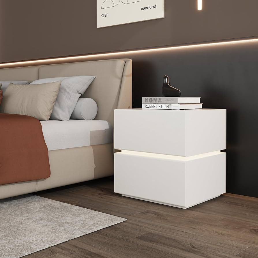 Modern Nightstand with Lights, Small Bedside Table with Faux Leather Upholstery and 2 Drawers, Mi... | Amazon (US)