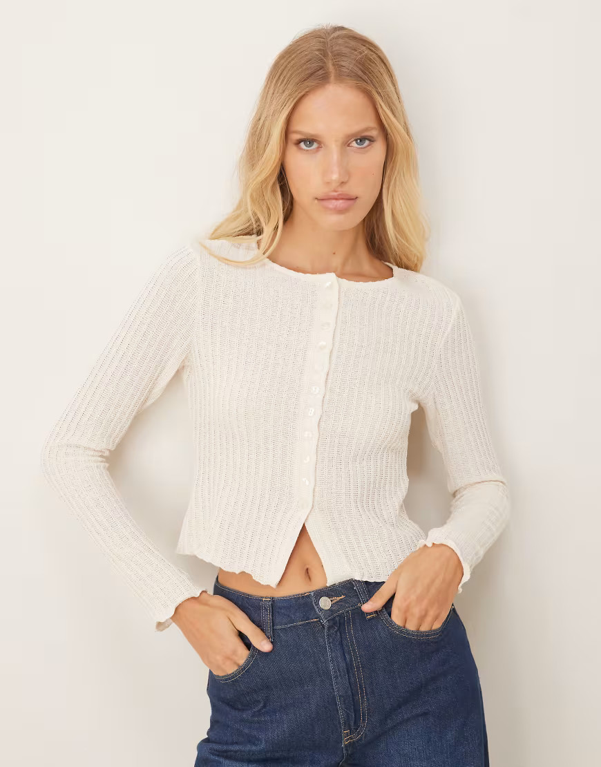 ASOS DESIGN textured button through long sleeve top in cream-White | ASOS (Global)