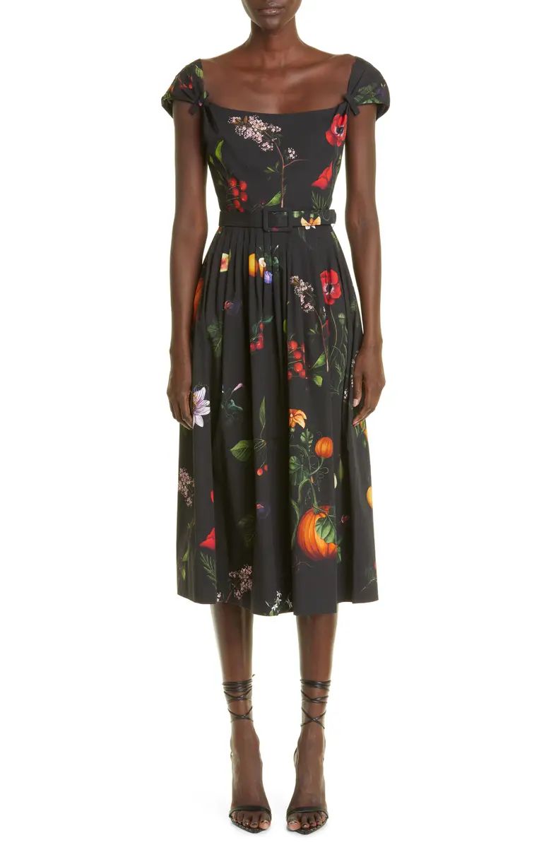 Belted Garden Print Cap Sleeve Stretch Cotton Poplin Midi Dress | Nordstrom