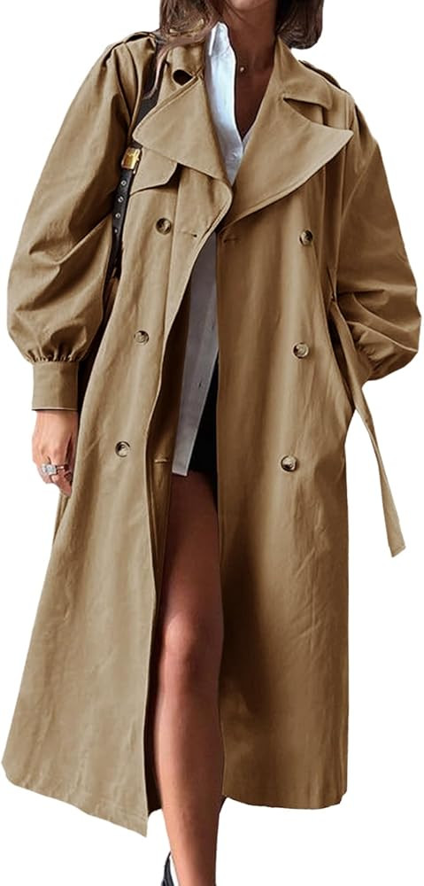 Tankaneo Womens Long Trench Coat Fall Fashion Oversized Double Breasted Lapel Overcoat Outerwear ... | Amazon (US)