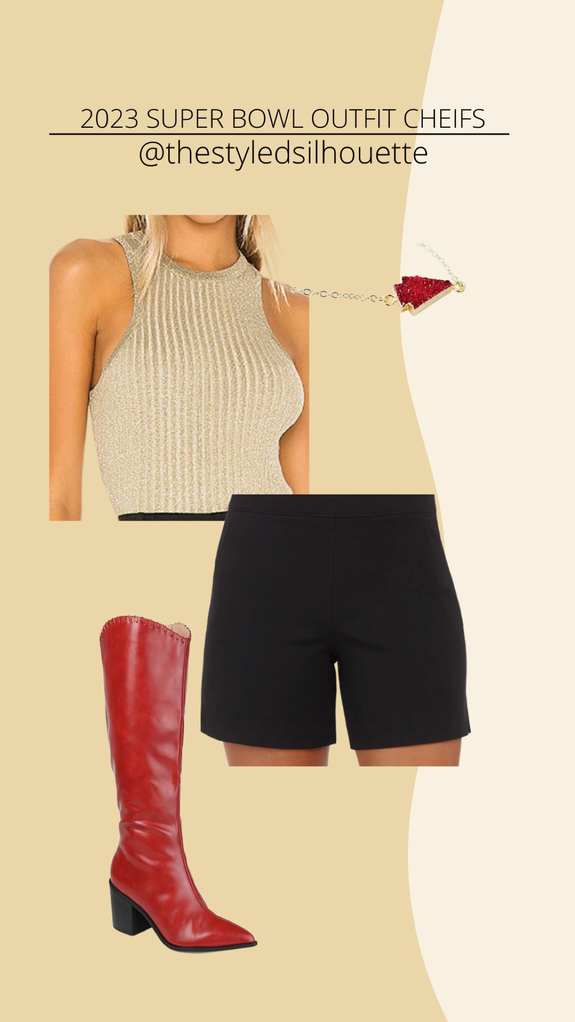 Super Bowl outfits 2023// chiefs outfits// gold tank// black shorts// red boots// arrow head necklace// 

#LTKstyletip #LTKshoecrush #LTKSeasonal