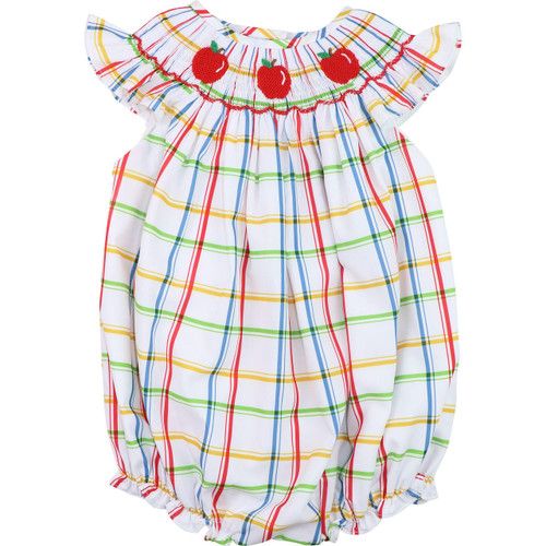 Multicolored Plaid Smocked Apple Ruffle Bubble  - Shipping Mid July | Cecil and Lou