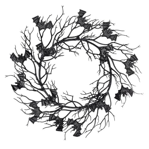 Bcxfbxd Halloween Bats Door Wreath 16.5 Inch Black Artificial Wall Wreaths Twig Wreath with Glitter Bats for Halloween Decorations | Amazon (US)