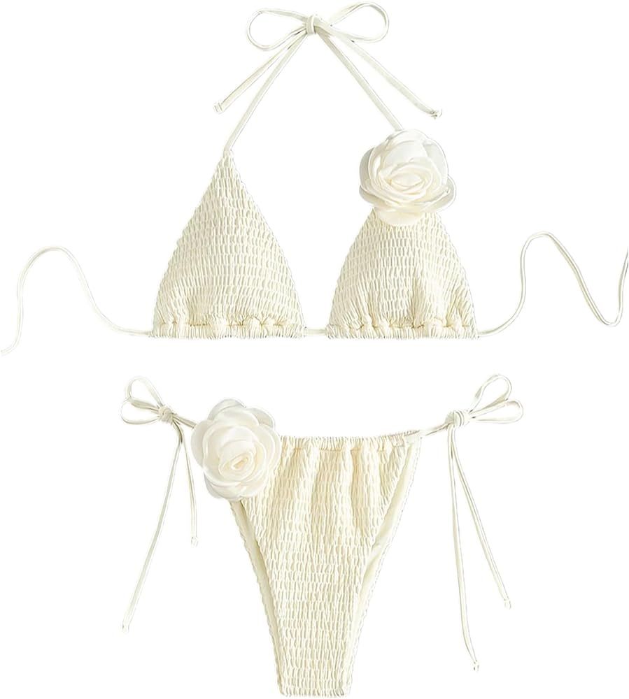 Women's 2 Piece Bikini Set 3D Rose Halter Bikini Tie Side High Cut Triangle Swimsuit Bathing Suit... | Amazon (US)