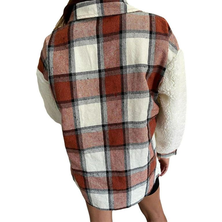 Aunavey Women Fuzzy Sherpa Fleece Jacket Button Collar Plaid Plush Patchwork Shirt Tops Coat with... | Walmart (US)
