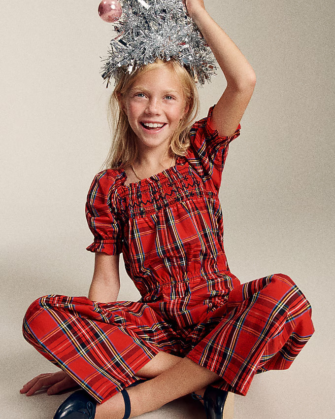 Girls' smocked jumpsuit in Good Tidings plaid | J. Crew US
