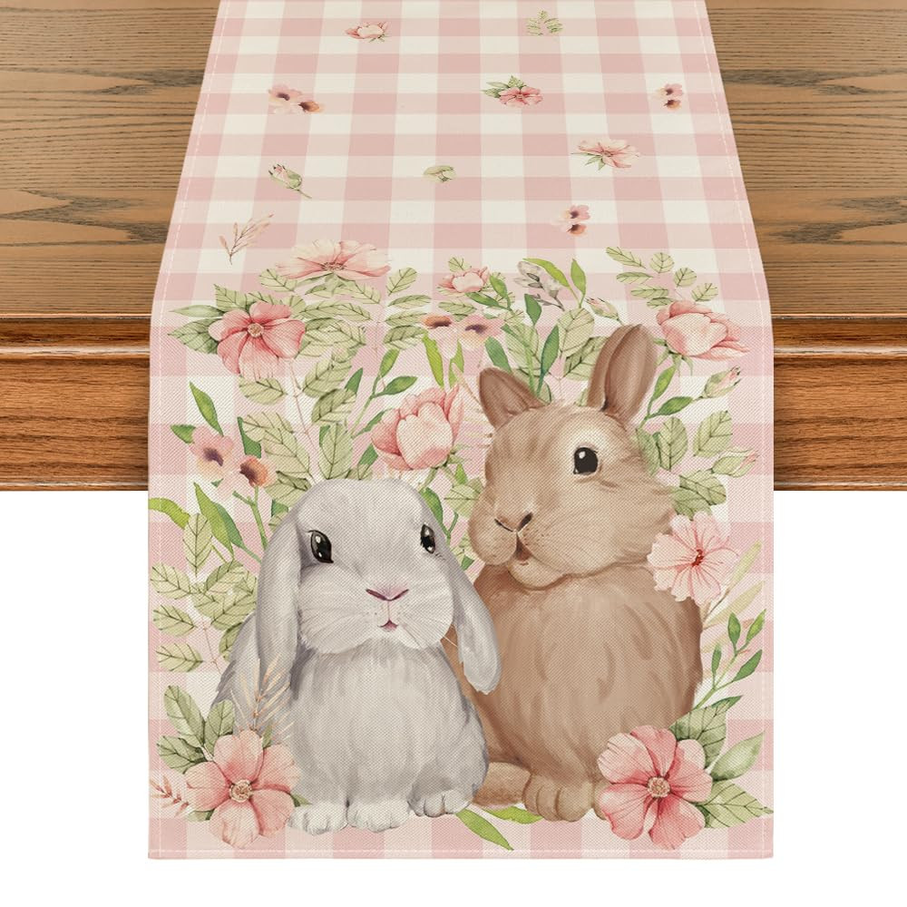 Artoid Mode Bunny Rabbit Flowers Leaves Pink Buffalo Plaid Easter Table Runner, Spring Kitchen Di... | Amazon (US)