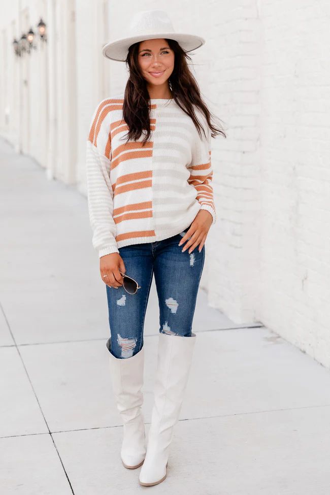 All To Me Brown And Taupe Striped Colorblock Sweater | Pink Lily